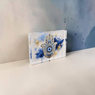Hamsa Evil Eye Crystal Block - Good Luck Table Decor
